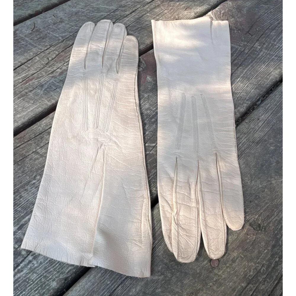Vtg‎ Washable Kid Leather Ladies Long Beige Gloves Size 7 France